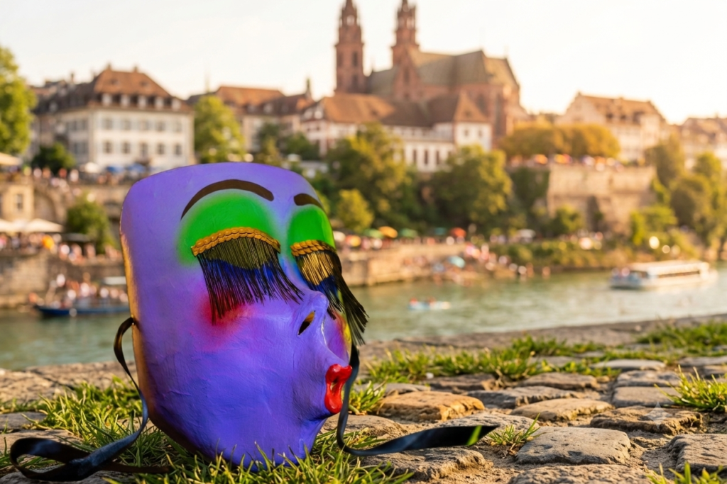 Ein Bild von einer Maske mit dem Rhein und Basel im Hintergrund